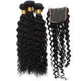 3 Bundle Deals With 4*4 Transparent  Closure Deep Curly Virgin Human Hair Natural Black - AdiraExclusive