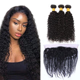 3 Bundle Deals With 13*4 Transparent Frontal Kinky Curly Virgin Human Hair Natural Black