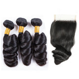 3 Bundle Deals With 4*4 Transparent  Closure Loose Wave Virgin Human Hair Natural Black