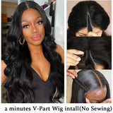 Body Wave #1B Natural Black V Part Wigs 100% Virgin Human Hair 180% Density - AdiraExclusive